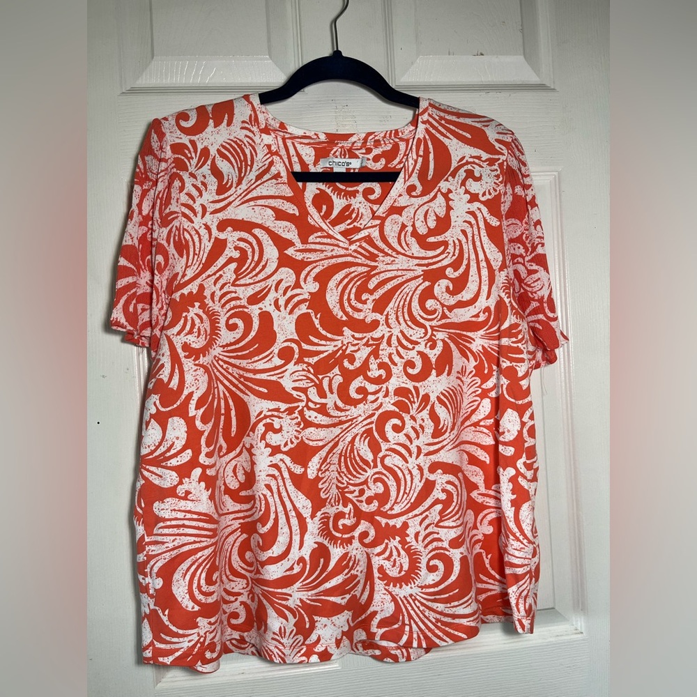 Chico's Orange and White Boxy V Neck Short Sleeve Tee Sz 3 (XL)